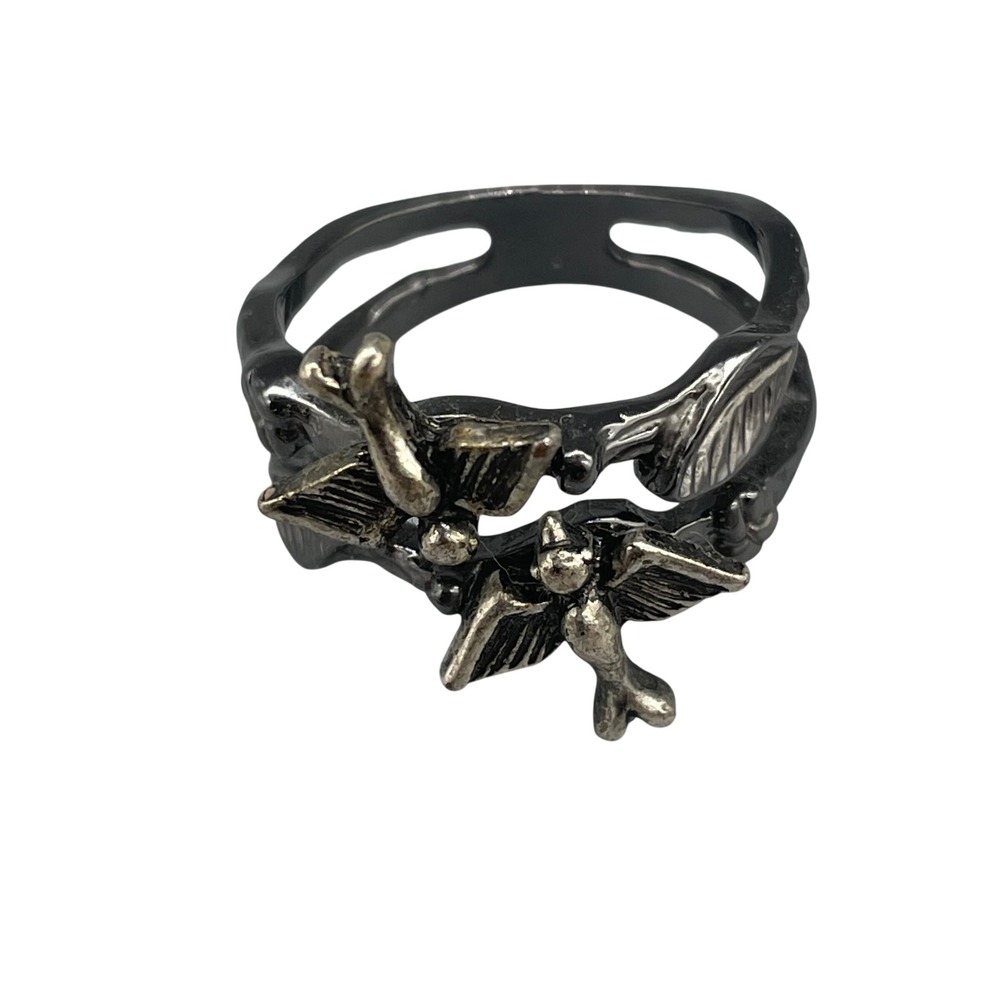 Gothic Two Tone Bird Wrap Ring Gunmetal Silver Swallow Sparrow Nature Size 7